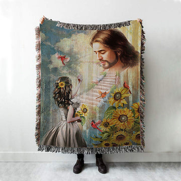 Jesus Girl And Path To Heaven Woven Blanket - Christian Throw Blanket - Religious Home Decor