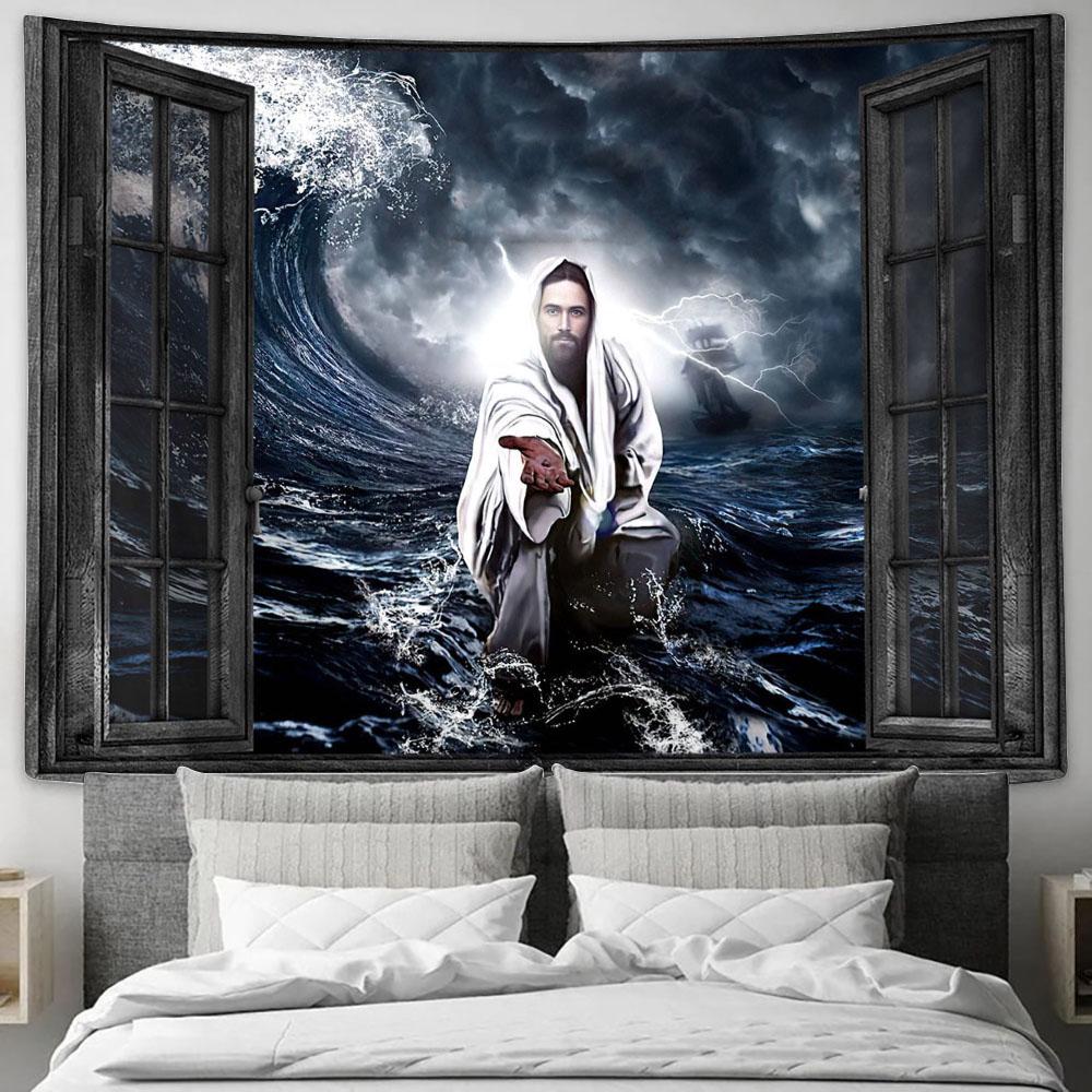 Jesus Gives His Hand Tapestry Wall Art - Jesus Christ Tapestry - Christian Tapestry Prints