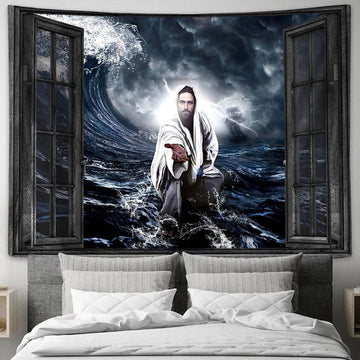 Jesus Gives His Hand Tapestry Wall Art - Jesus Christ Tapestry - Christian Tapestry Prints