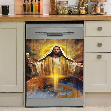Jesus Got The Whole World In His Hands Dishwasher Cover, Jesus Portrait Dishwasher Stickers, Christian Kitchen Decor