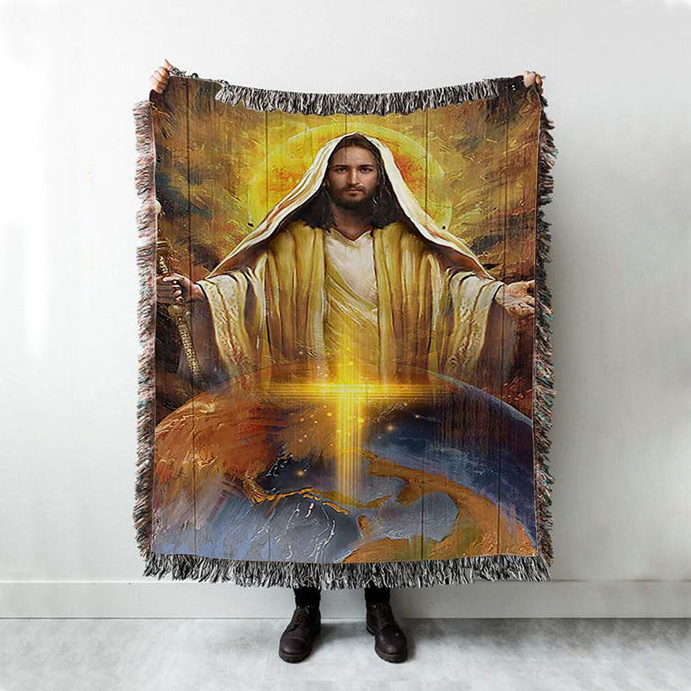 Jesus Got The Whole World In His Hands Throw Blanket Woven Blanket - Jesus Portrait Woven Blanket Prints - Christian Throw Blanket