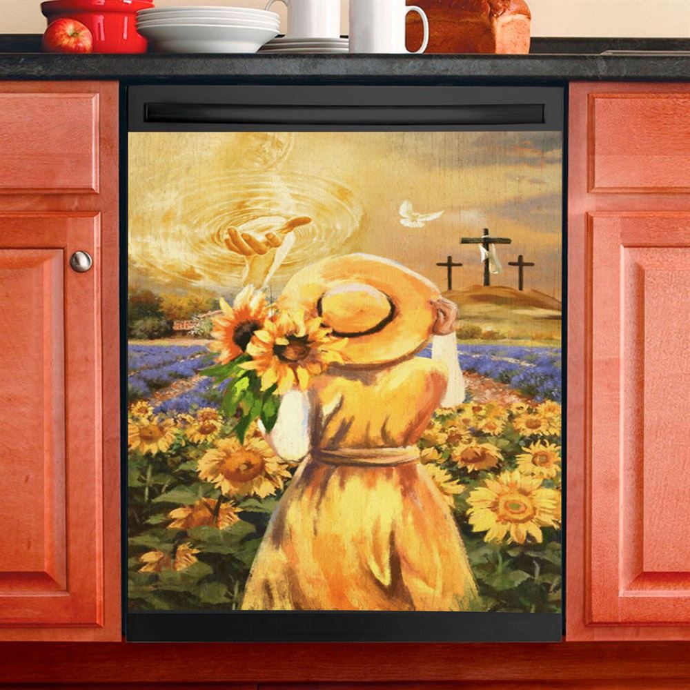 Jesus Hand Beautiful Girl Sunflower Field Cross Dishwasher Cover, Jesus Christ Dishwasher Stickers, Christian Kitchen Decor