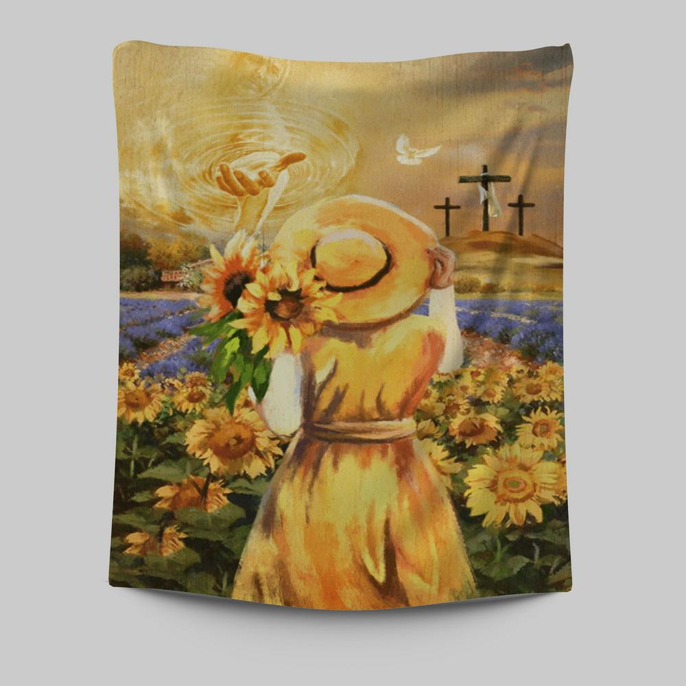 Jesus Hand Beautiful Girl Sunflower Field Cross Tapestry Prints - Jesus Christ Tapestry Art - Christian Wall Decor