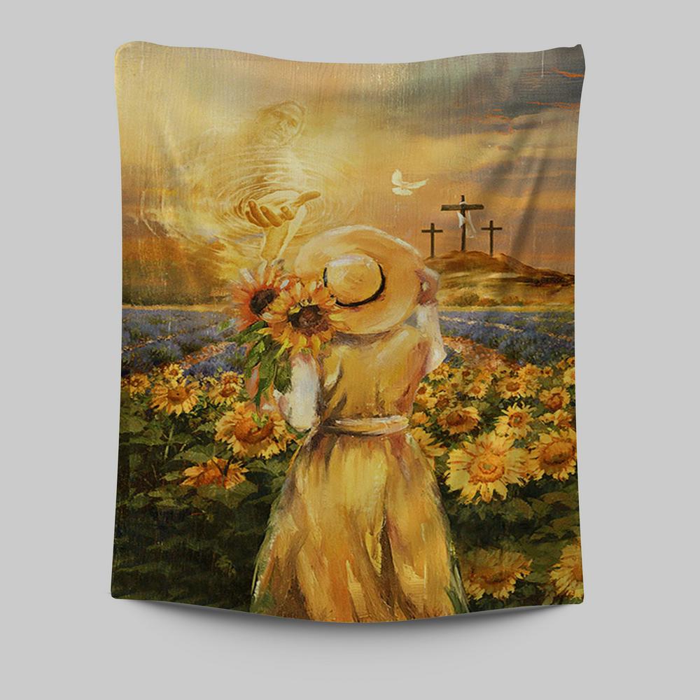 Jesus Hand Beautiful Girl Sunflower Field Cross Tapestry Wall Art - Christian Tapestries Prints - Bible Verse Tapestry Art