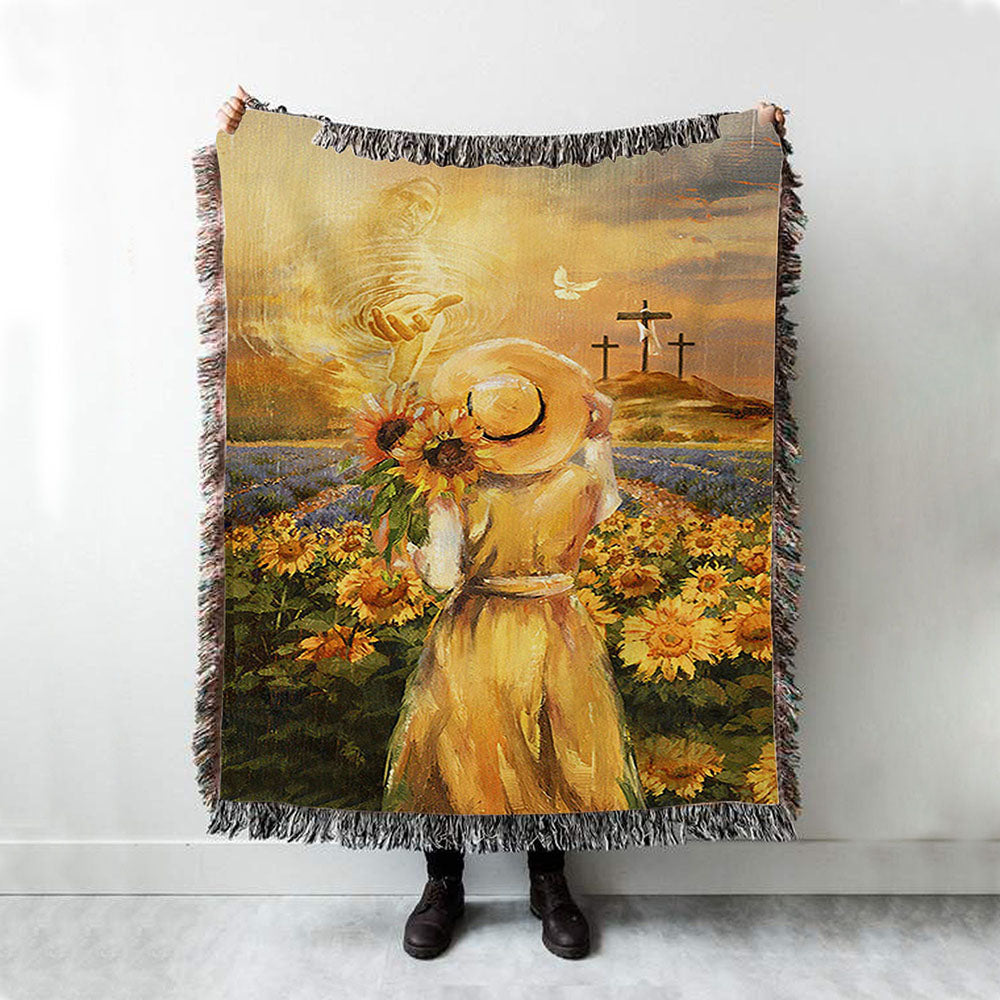 Jesus Hand Beautiful Girl Sunflower Field Cross Woven Throw Blanket - Christian Woven Blanket Prints - Bible Verse Woven Blanket Art