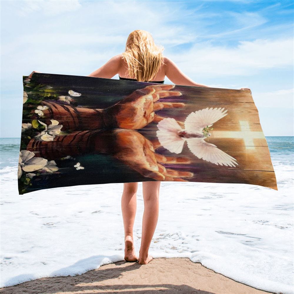 Jesus Hand, Dove Of Peace, Light Cross, White Flower Beach Towel, Christian Beach Towel, Christian Gift, Gift For Women