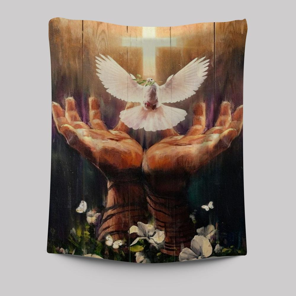 Jesus Hand, Dove Of Peace, Light Cross, White Flower Tapestry