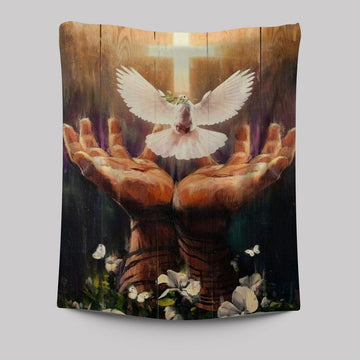 Jesus Hand, Dove Of Peace, Light Cross, White Flower Tapestry