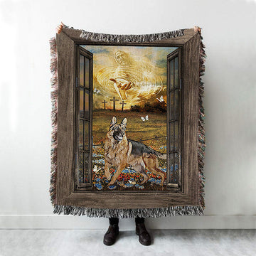 Jesus Hand German Shepherd Woven Blanket - Christian Throw Blanket - Religious Home Decor