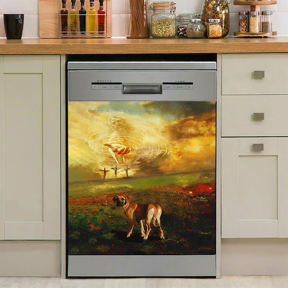 Jesus Hand Great Dane Flower Field Dishwasher Cover, Jesus Portrait Dishwasher Stickers, Christian Kitchen Decor
