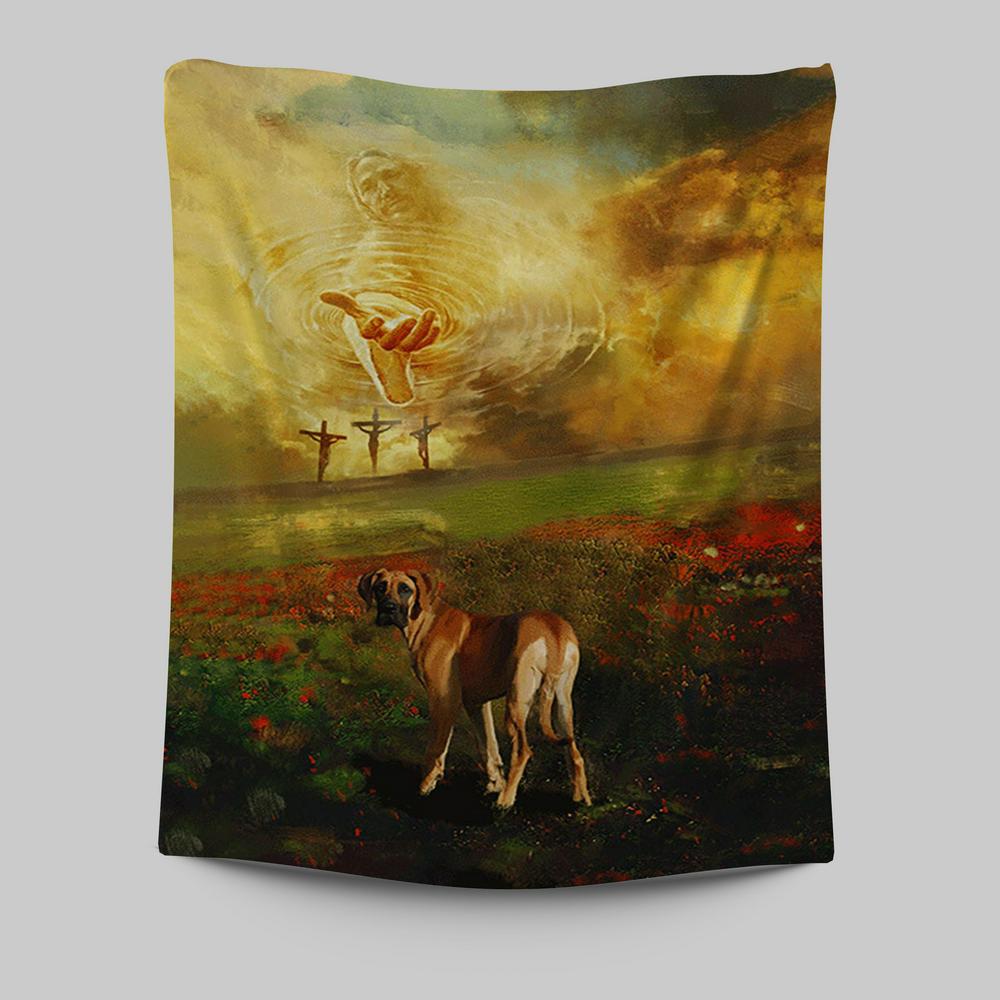 Jesus Hand Great Dane Flower Field Wall Art Tapestry - Jesus Portrait Tapestry Prints - Christian Wall Art