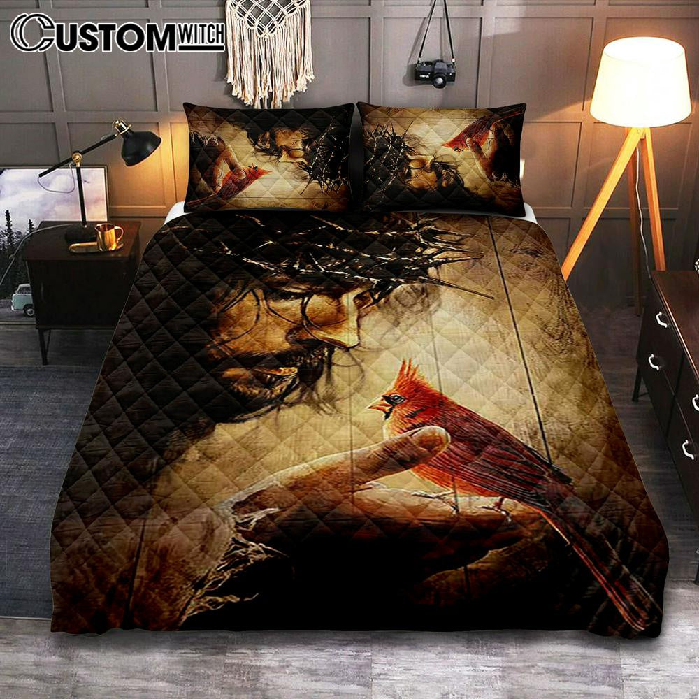 Jesus Hand Red Cardinals Thorn Crown Jesus Bedroom Quilt Bedding Set - Jesus Portrait Quilt Bedding Set Prints - Christian Bedroom