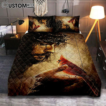 Jesus Hand Red Cardinals Thorn Crown Jesus Bedroom Quilt Bedding Set - Jesus Portrait Quilt Bedding Set Prints - Christian Bedroom