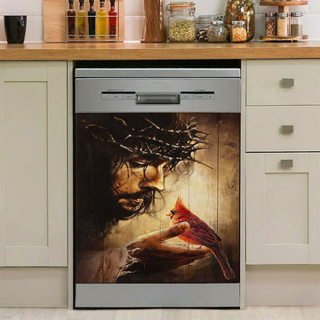 Jesus Hand Red Cardinals Thorn Crown Jesus Dishwasher Cover, Jesus Portrait Dishwasher Stickers, Christian Kitchen Decor