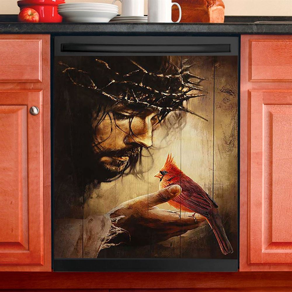 Jesus Hand Red Cardinals Thorn Crown Jesus Dishwasher Cover, Jesus Portrait Dishwasher Stickers, Christian Kitchen Decor