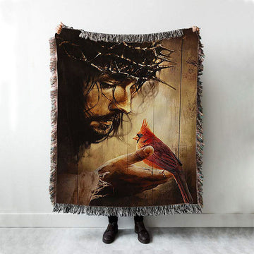 Jesus Hand Red Cardinals Thorn Crown Jesus Throw Blanket Woven Blanket - Jesus Portrait Woven Blanket Prints - Christian Throw Blanket