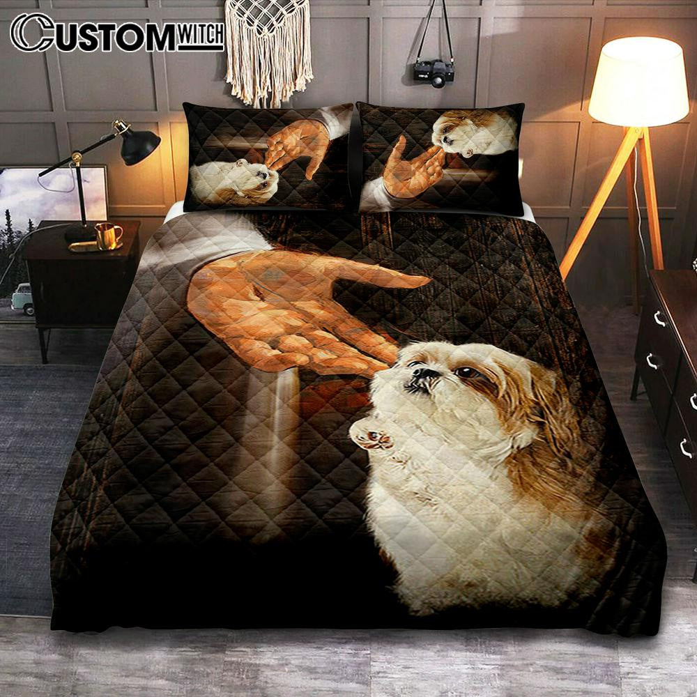 Jesus Hand Shih Tzu Puppies Bedroom Quilt Bedding Set - Jesus Portrait Quilt Bedding Set Prints - Christian Bedroom