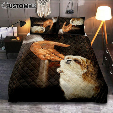Jesus Hand Shih Tzu Puppies Bedroom Quilt Bedding Set - Jesus Portrait Quilt Bedding Set Prints - Christian Bedroom