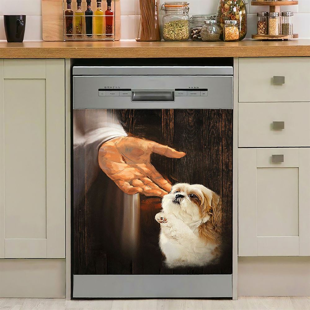 Jesus Hand Shih Tzu Puppies Dishwasher Cover, Jesus Portrait Dishwasher Stickers, Christian Kitchen Decor