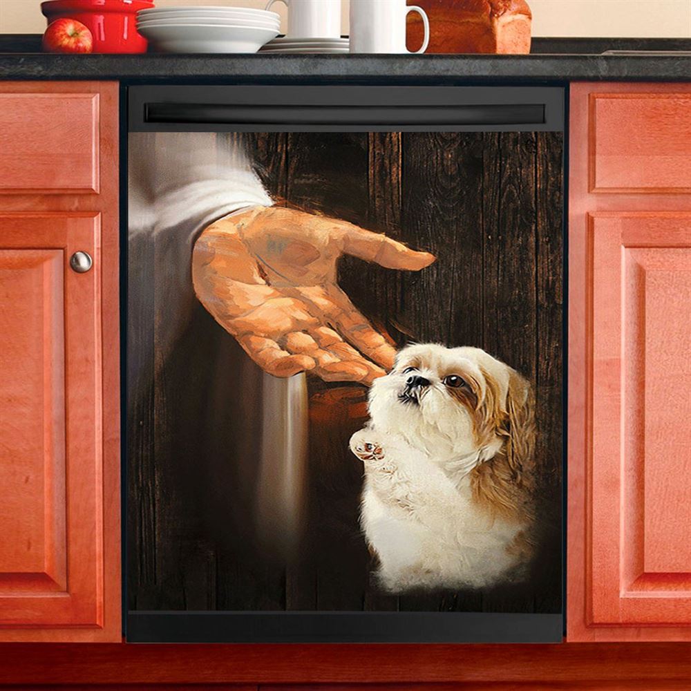 Jesus Hand Shih Tzu Puppies Dishwasher Cover, Jesus Portrait Dishwasher Stickers, Christian Kitchen Decor