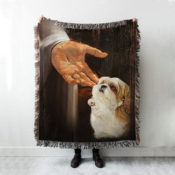 Jesus Hand Shih Tzu Puppies Throw Blanket Woven Blanket - Jesus Portrait Woven Blanket Prints - Christian Throw Blanket