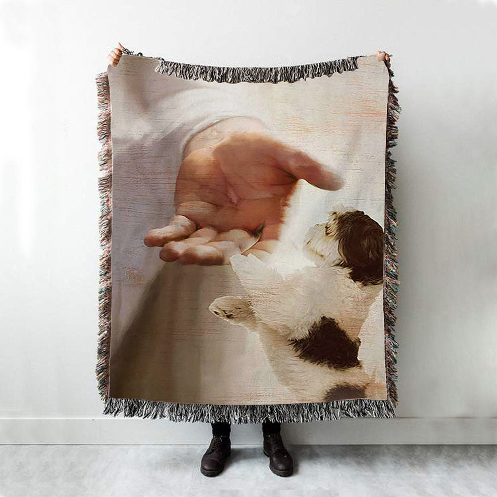 Jesus Hand Shih Tzu Woven Blanket - Take His Hand Throw Blanket Woven Blanket - Jesus Portrait Woven Blanket Prints - Christian Throw Blanket