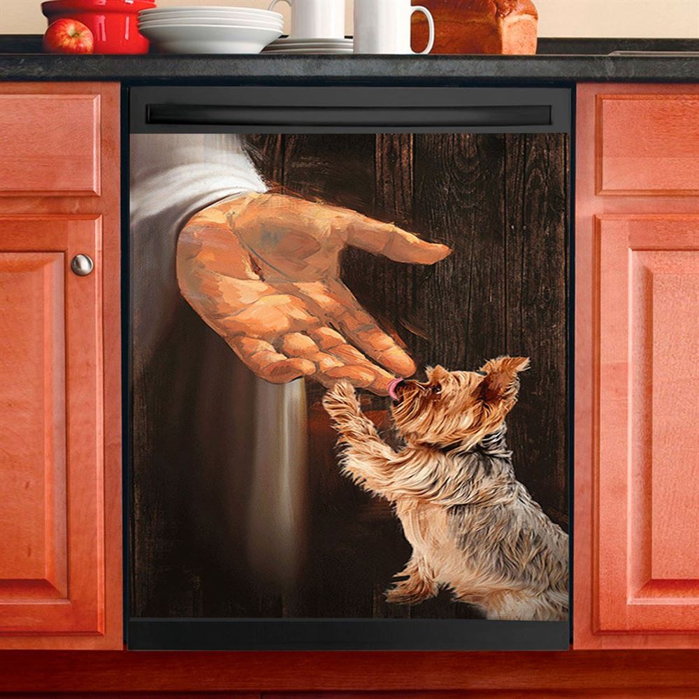 Jesus Hand Yorkshire Terrier Dishwasher Cover, In The Hand Of God Dishwasher Stickers, Jesus Portrait Kitchen Decor