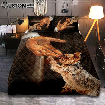 Jesus Hand Yorkshire Terrier Quilt Bedding Set - In The Hand Of God Bedroom Quilt Bedding Set - Jesus Portrait Quilt Bedding Set Prints - Christian Bedroom