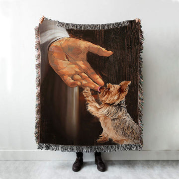 Jesus Hand Yorkshire Terrier Woven Blanket - In The Hand Of God Throw Blanket - Jesus Portrait Woven Blanket Prints - Christian Throw Blanket