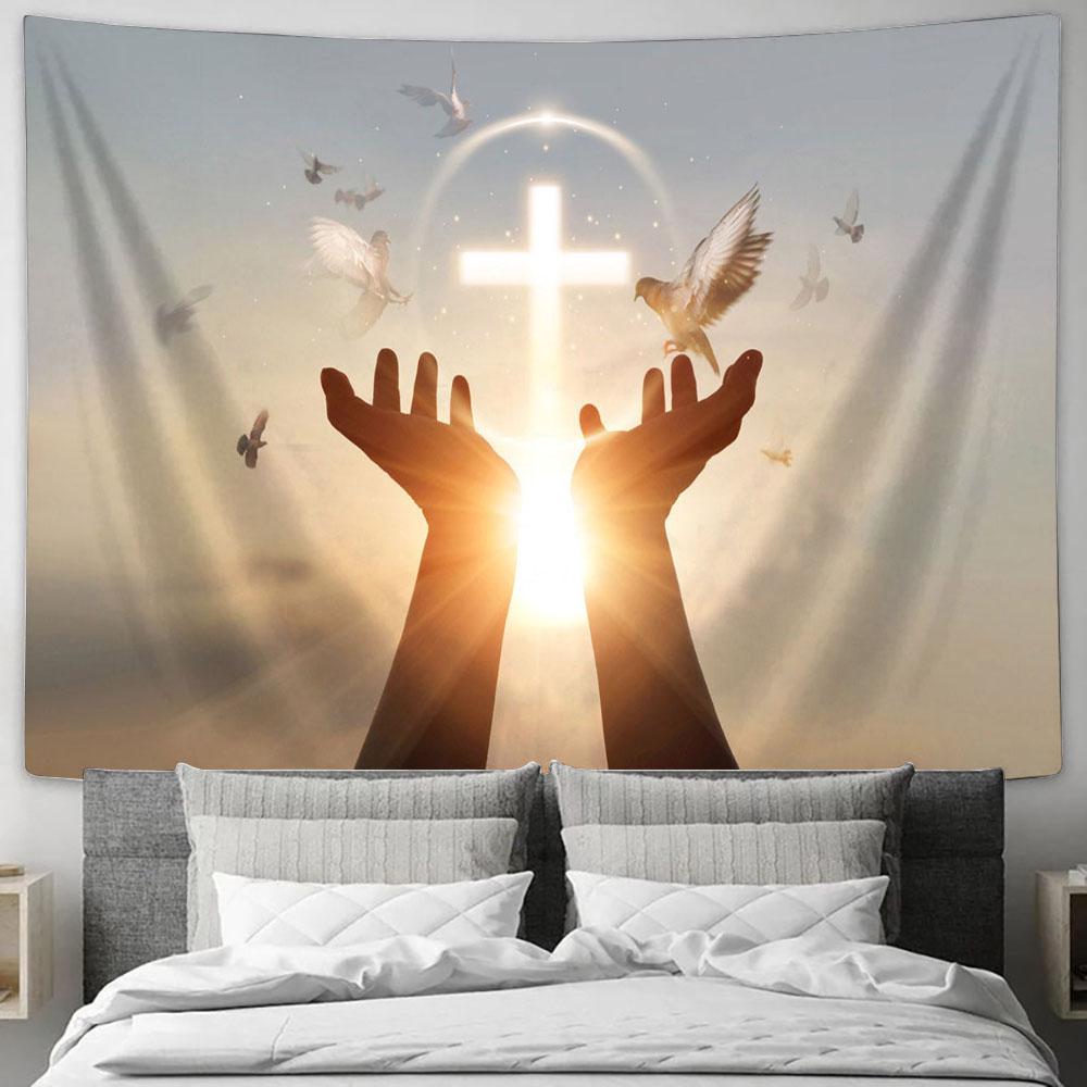 Jesus Hands Palm Up Praying Cross Tapestry Pictures - Faith Art - Christian Tapestry Wall Art Decor