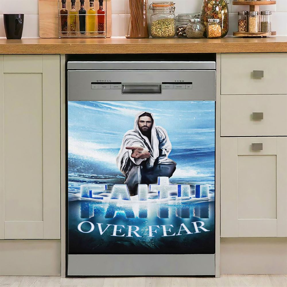 Jesus Hands Reaching Out Faith Over Fear Christian Dishwasher Cover, Bible Verse Dishwasher Stickers, Scripture Kitchen Decor