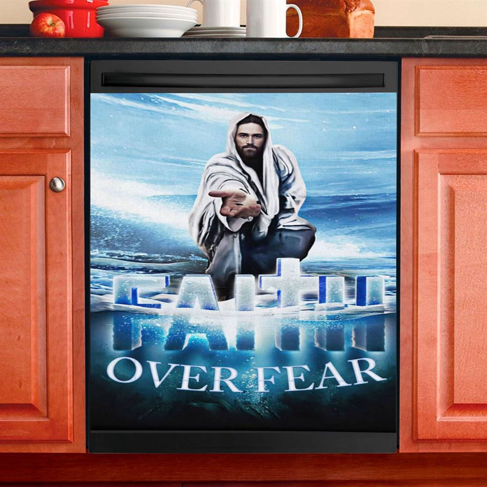 Jesus Hands Reaching Out Faith Over Fear Christian Dishwasher Cover, Bible Verse Dishwasher Stickers, Scripture Kitchen Decor