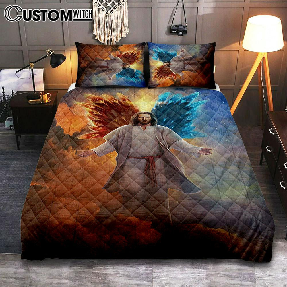 Jesus Hands Stretched Out Bedroom Quilt Bedding Set - Jesus Portrait Quilt Bedding Set Prints - Christian Bedroom