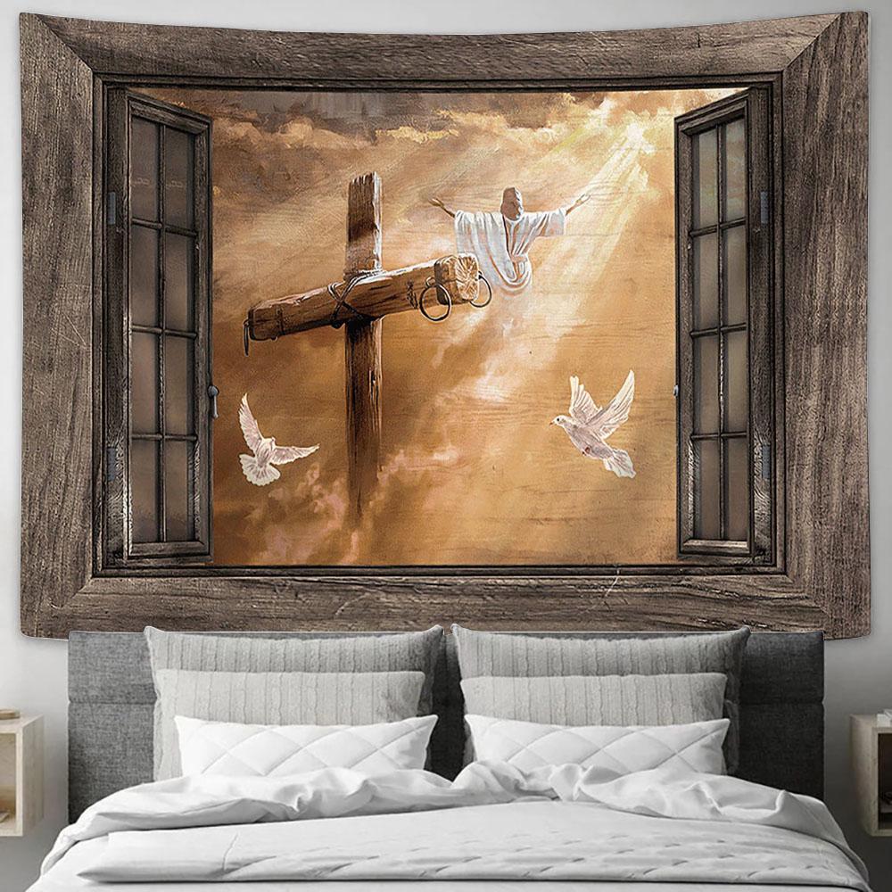 Jesus Heaven&#39;s Light The Rugged Cross Tapestry Art - Christian Wall Art Decor - Bible Verse Tapestry