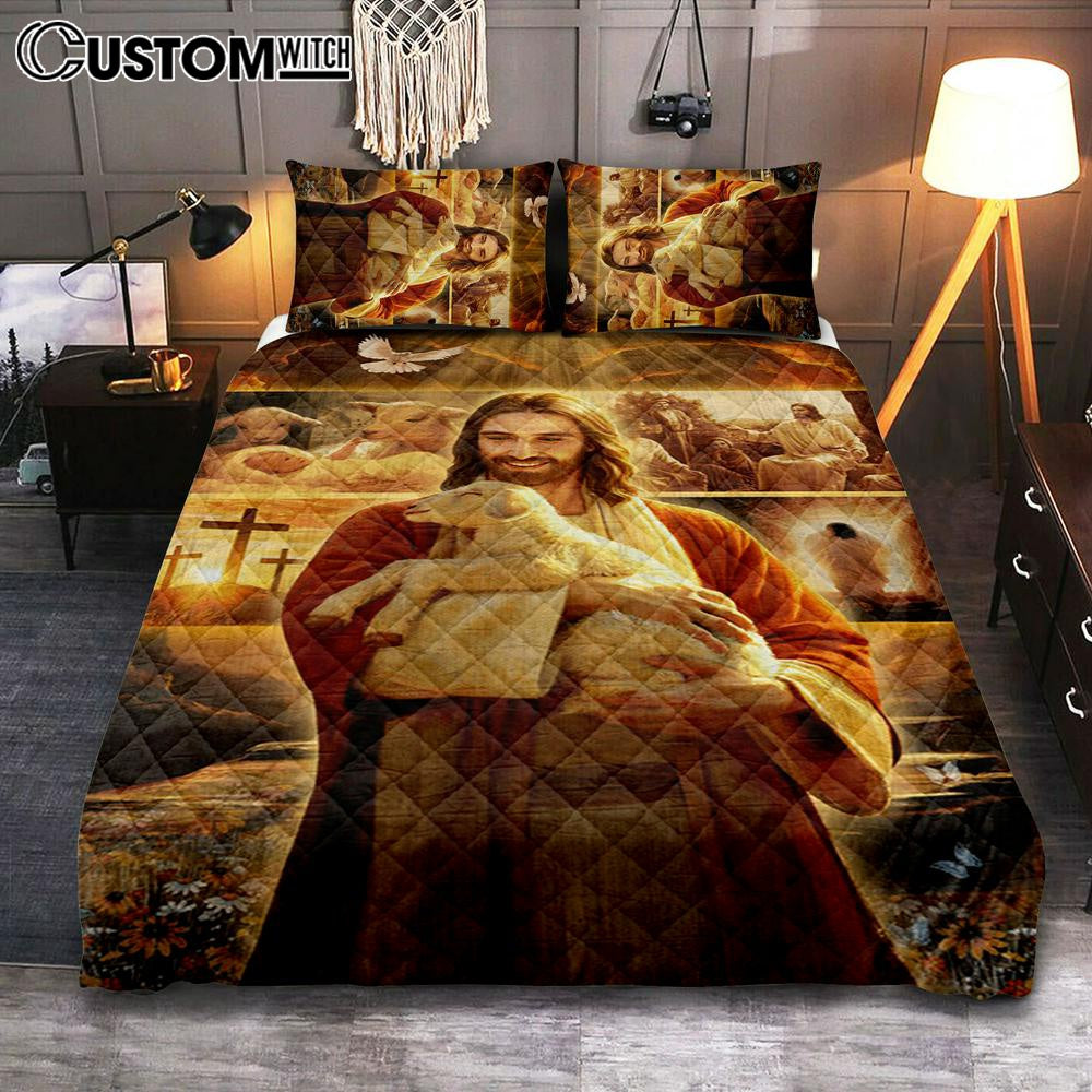 Jesus Holding A Lamb Quilt Bedding Set Prints - Jesus Christ Quilt Bedding Set Art - Christian Cover Twin Bedding Decor