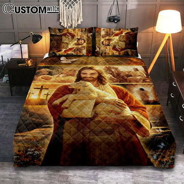 Jesus Holding A Lamb Quilt Bedding Set Prints - Jesus Christ Quilt Bedding Set Art - Christian Cover Twin Bedding Decor