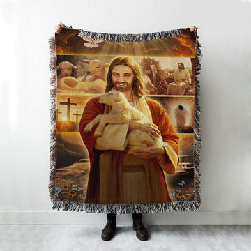 Jesus Holding A Lamb Woven Blanket Prints - Jesus Christ Woven Blanket Art - Christian Boho Blanket