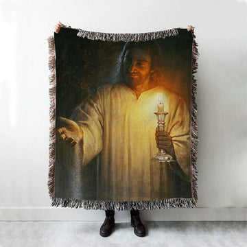 Jesus Holding Candle Woven Blanket Prints - Jesus Christ Woven Blanket Art - Christian Boho Blanket