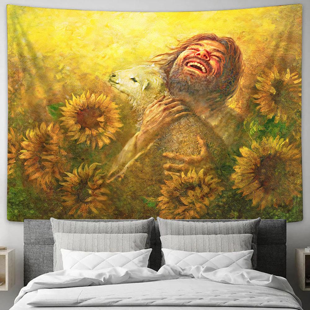 Jesus Holding Lamb In The Field Of Sunflower Tapestry Wall Art - Jesus Christ Tapestry - Christian Tapestry Prints