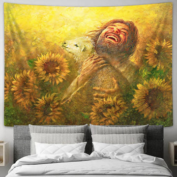 Jesus Holding Lamb In The Field Of Sunflower Tapestry Wall Art - Jesus Christ Tapestry - Christian Tapestry Prints