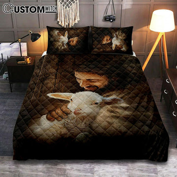 Jesus Holding Lamb Quilt Bedding Set - Christian Bedroom - Religious Home Decor