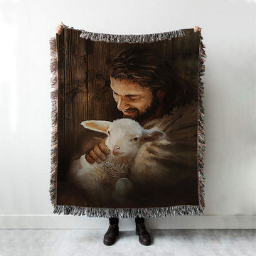 Jesus Holding Lamb Woven Blanket - Christian Throw Blanket - Religious Home Decor