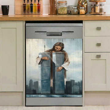 Jesus Holding The World Trade Center Building Dishwasher Cover, Jesus Christ Dishwasher Stickers, Christian Kitchen Decor