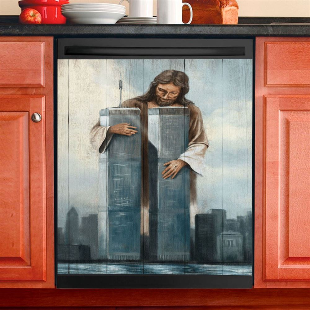 Jesus Holding The World Trade Center Building Dishwasher Cover, Jesus Christ Dishwasher Stickers, Christian Kitchen Decor