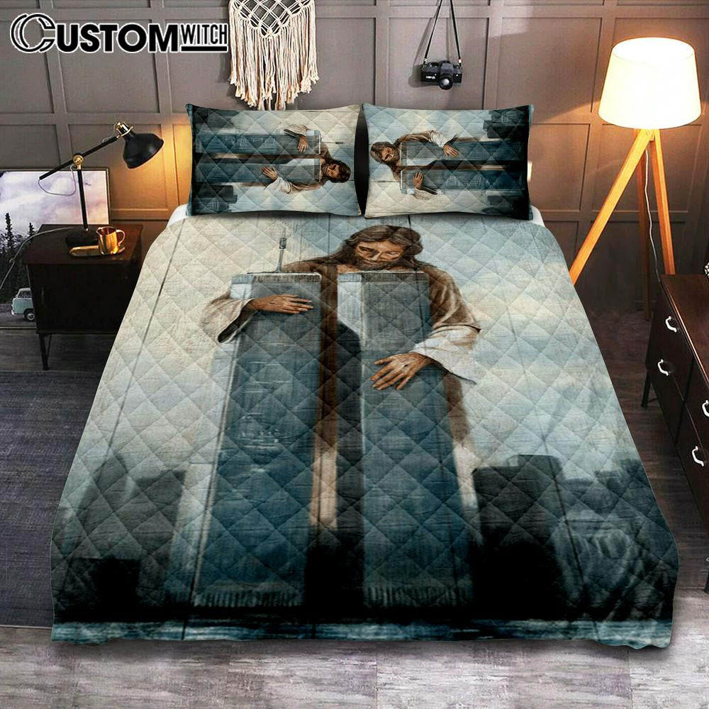 Jesus Holding The World Trade Center Building Quilt Bedding Set Prints - Jesus Christ Quilt Bedding Set Art - Christian Cover Twin Bedding Decor