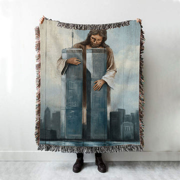 Jesus Holding The World Trade Center Building Woven Blanket Prints - Jesus Christ Woven Blanket Art - Christian Boho Blanket