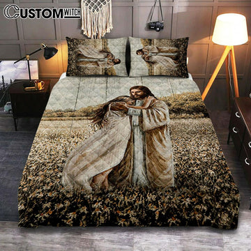 Jesus Hug Girl In Flower Field Quilt Bedding Set Bedroom - Christian Quilt Bedding Set Prints - Bible Verse Quilt Bedding Set Art