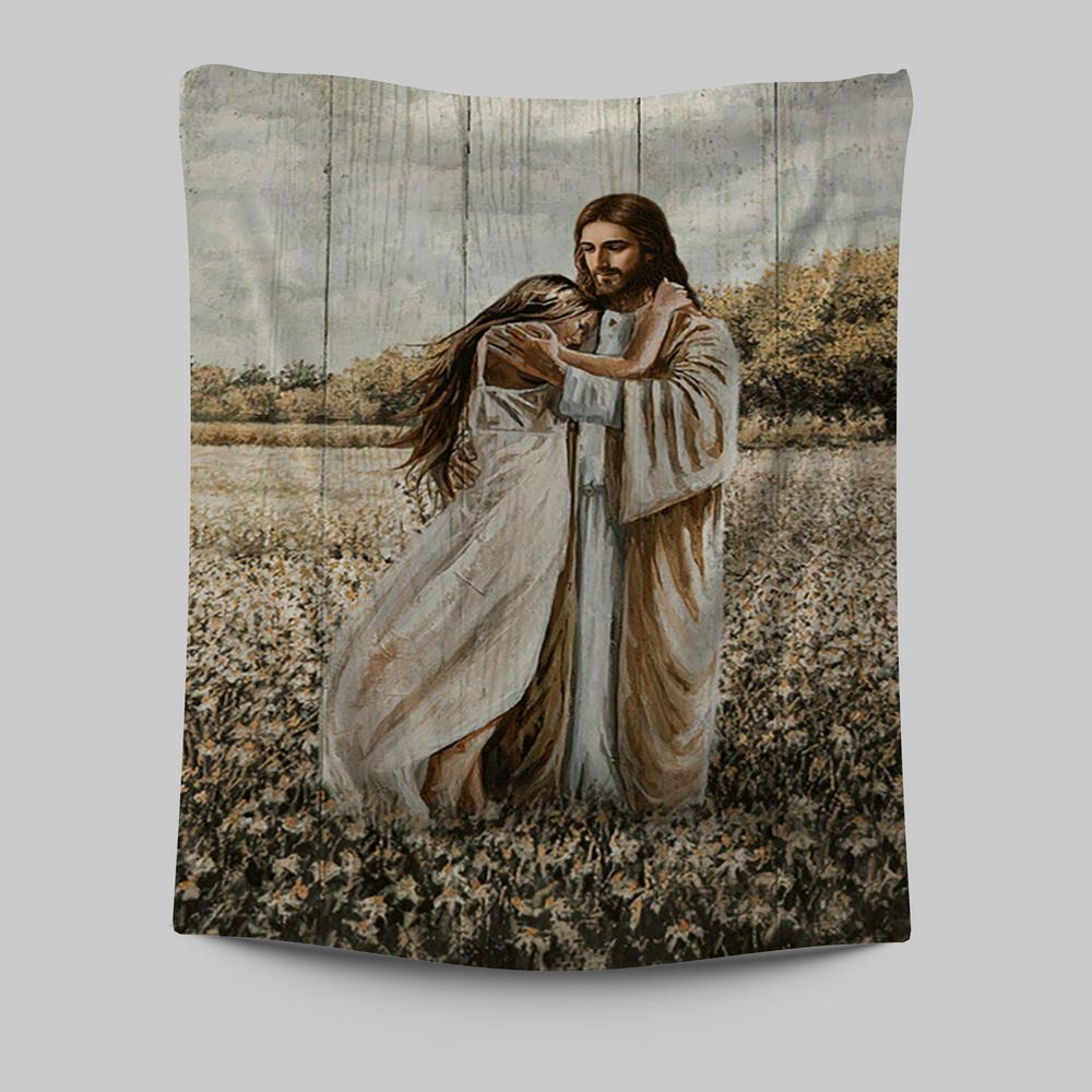 Jesus Hug Girl In Flower Field Tapestry Wall Art - Christian Tapestries Prints - Bible Verse Tapestry Art
