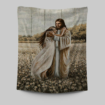 Jesus Hug Girl In Flower Field Tapestry Wall Art - Christian Tapestries Prints - Bible Verse Tapestry Art