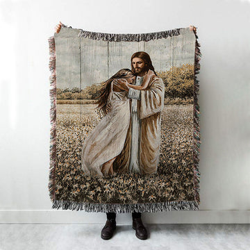 Jesus Hug Girl In Flower Field Woven Throw Blanket - Christian Woven Blanket Prints - Bible Verse Woven Blanket Art